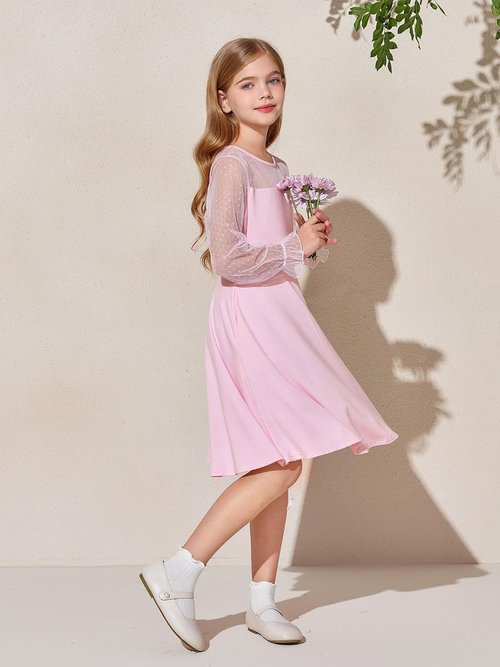 Haloumoning Girls A-Line Short Dress - Contrast Mesh, High Waist, Pockets | Sizes 4-14 Years