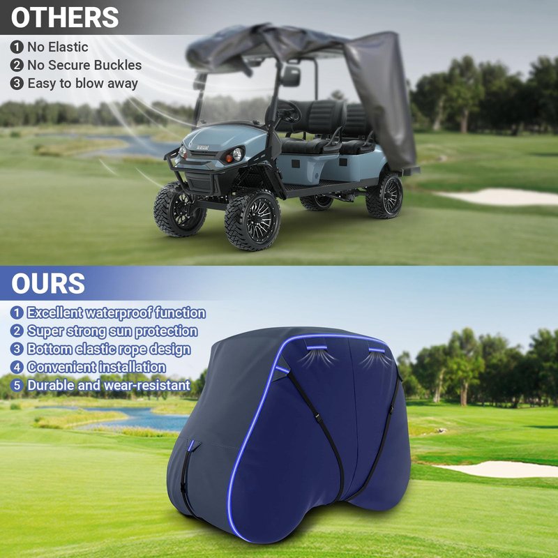 Golf Cart Cover Suitable 2+2/4 Passenger for Yamaha/EZGO Club Cart Heavy Duty 420D Waterproof Windproof Golf Cart Cover All-Weather Protection with Zipper Door Blue/Gray