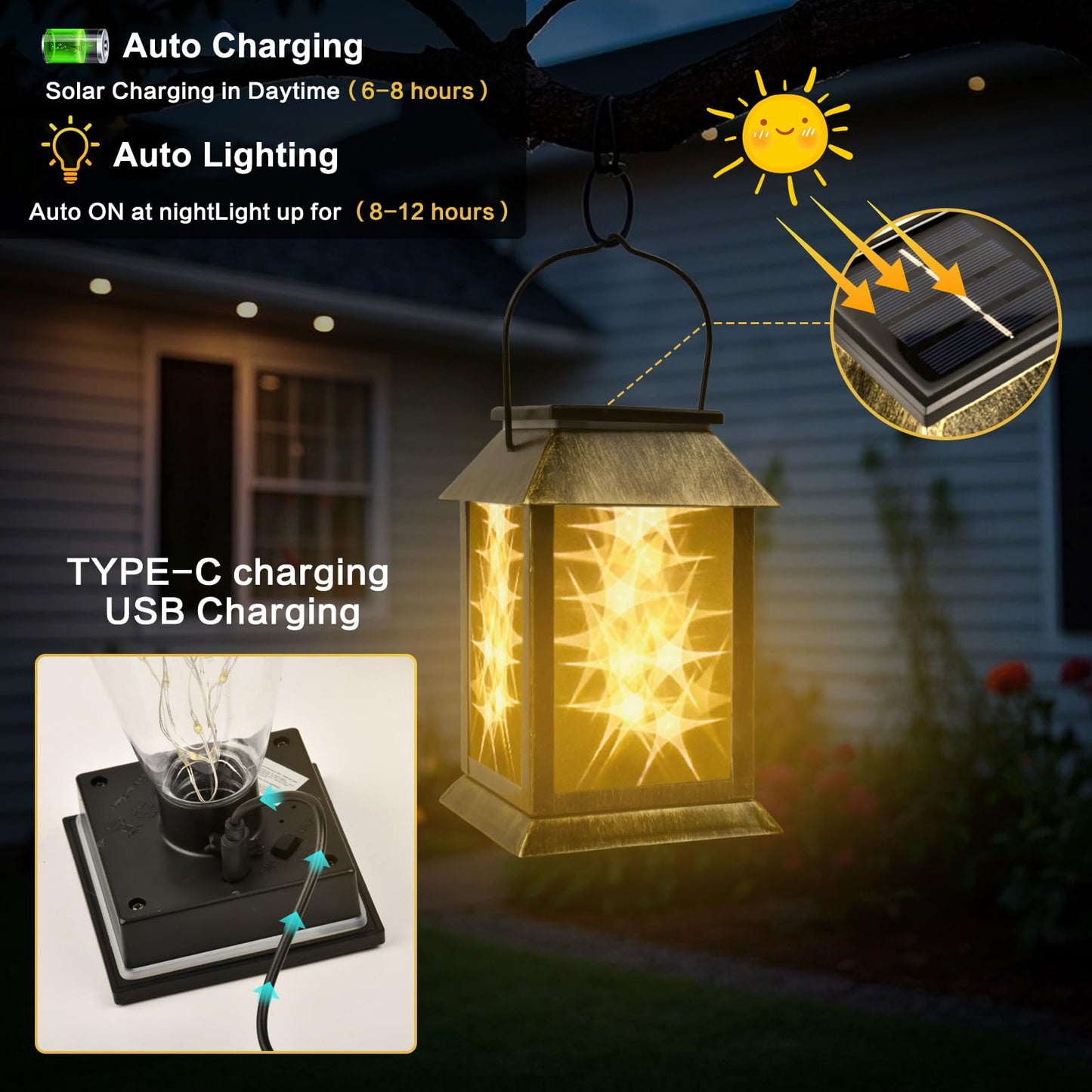 Solar Lights Outdoor Waterproof 3D Star Patterns for Garden Fall Decoration, 2 Lighting Modes, Auto On/Off Hanging Solar Lantern for Outside, Lawn Patio Walkway Driveway Decor Landscape Lighting