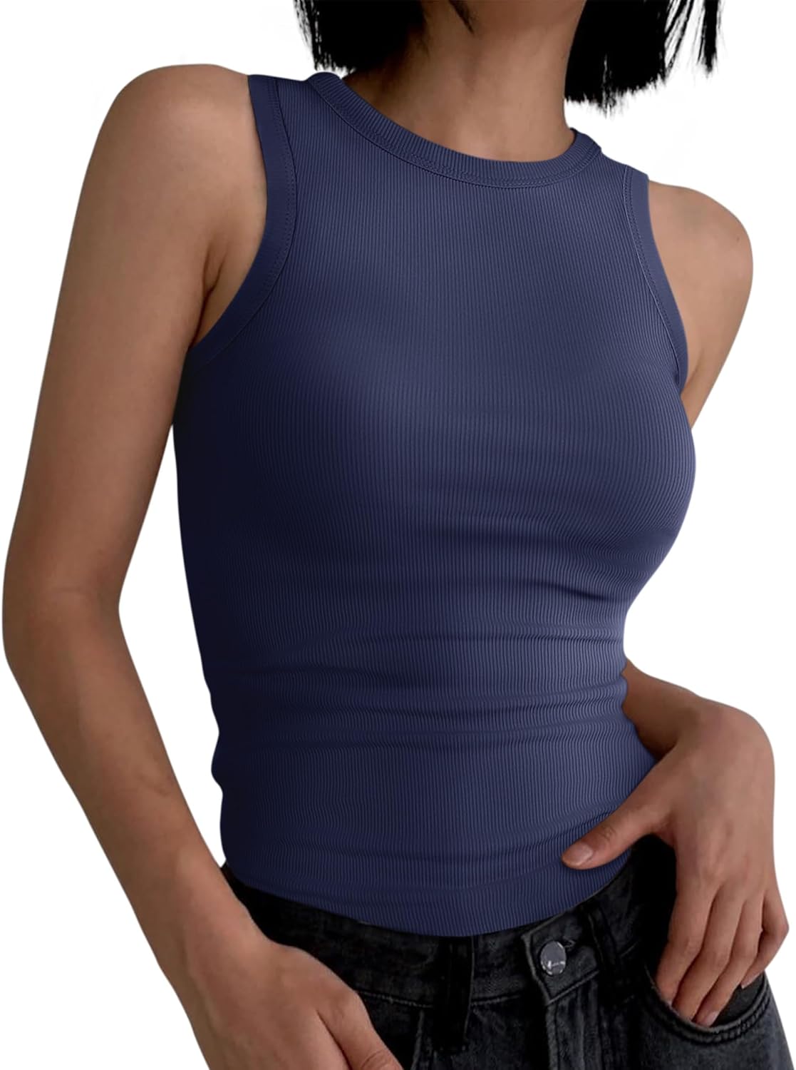 ANRABESS Sleeveless High Neck Tank Top - Casual Slim Fit Ribbed Summer Shirt for Women