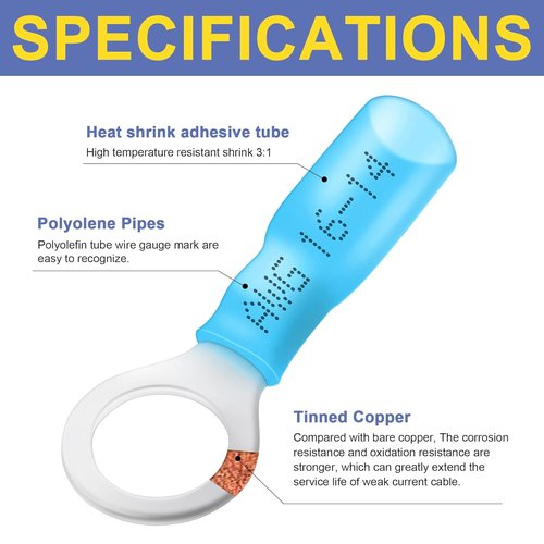 Haisstronica 100pcs Blue Marine Grade Heat Shrink Ring Connectors - 16-14 Gauge Tinned Red Copper Terminals