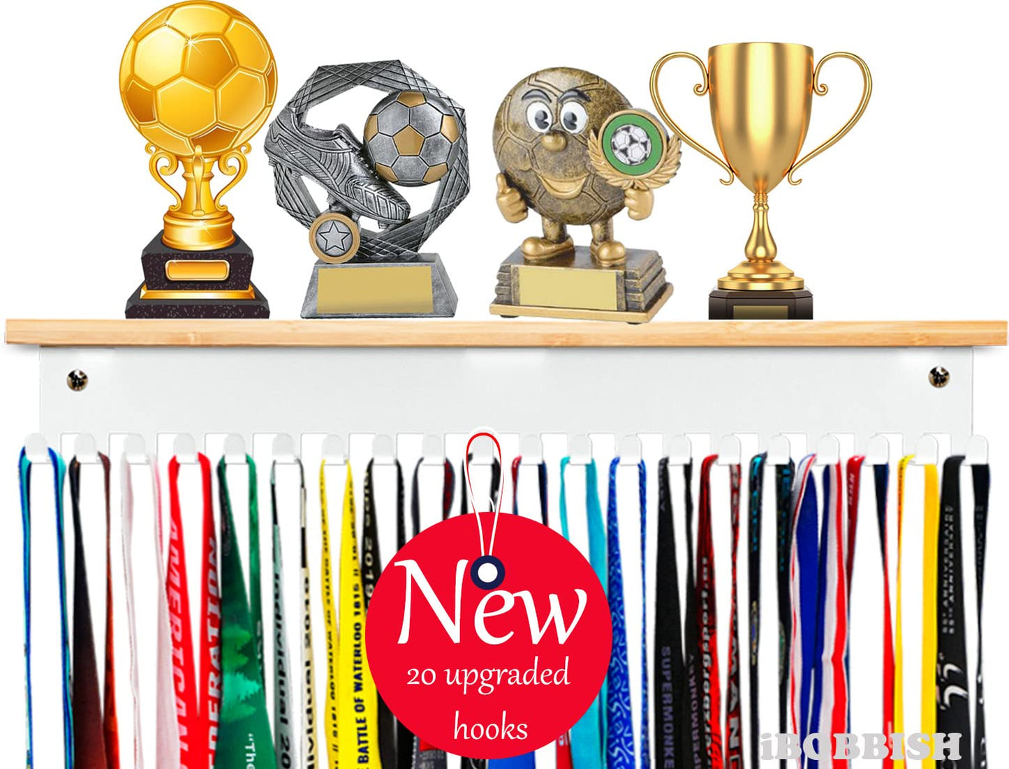iBobbish White Trophy and Medal Display Shelf 16inchL,Metal Trophy Shelf with 20 Hooks Upgraded,Large Trophy Board Display,Sturdy for Medals in White
