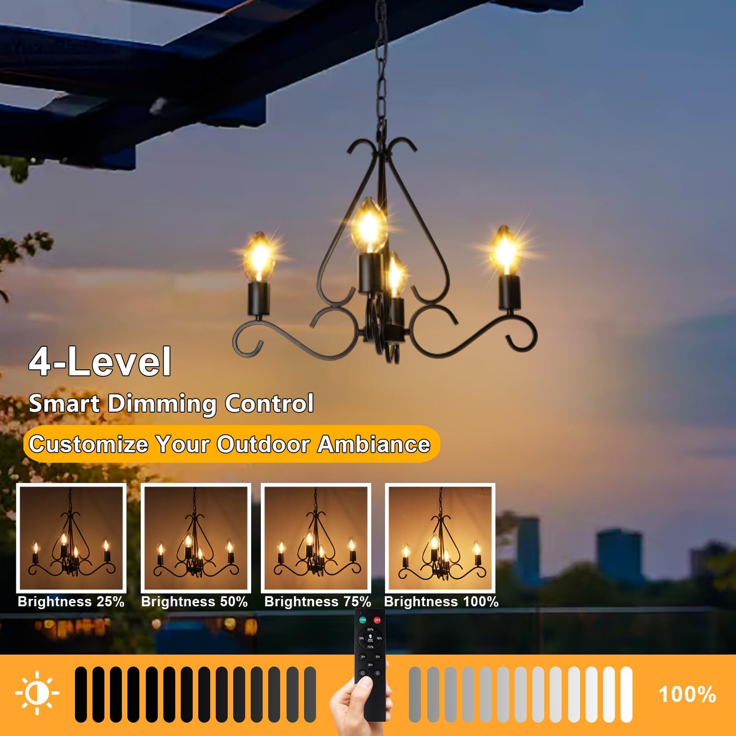 TWINKVILLA Solar Chandelier Outdoor, 4-Lights 23" Rustic Farmhouse Industrial Iron Chandeliers Waterproof Dimmable Hanging Pendant Lights for Gazebo, Pergola, Canopy, Tent Decor