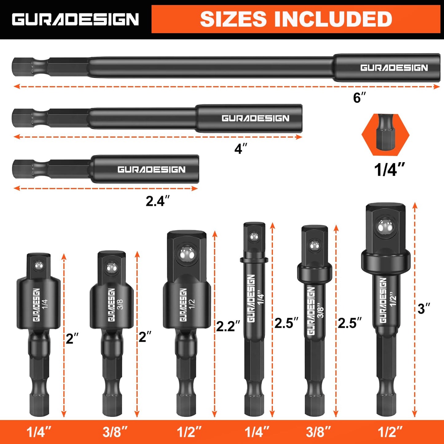 GURADESIGN 9-Piece Impact Drill Socket Adapter Set and Universal Joints Socket Set 1/4" 3/8" and 1/2" Driver Socket Adapter, Power Drill Bit Extension, Magnetic Screwdriver Bit Holder