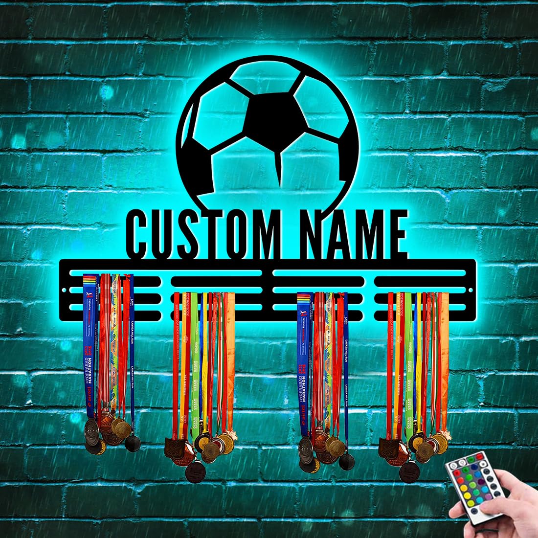 XIAO.Z Personalized Metal Soccer Medal Hanger Holder Display Rack for Awards Ribbons With LED Light - Custom Sports Medal Holder for Wall - Boy Girl Kid's Name
