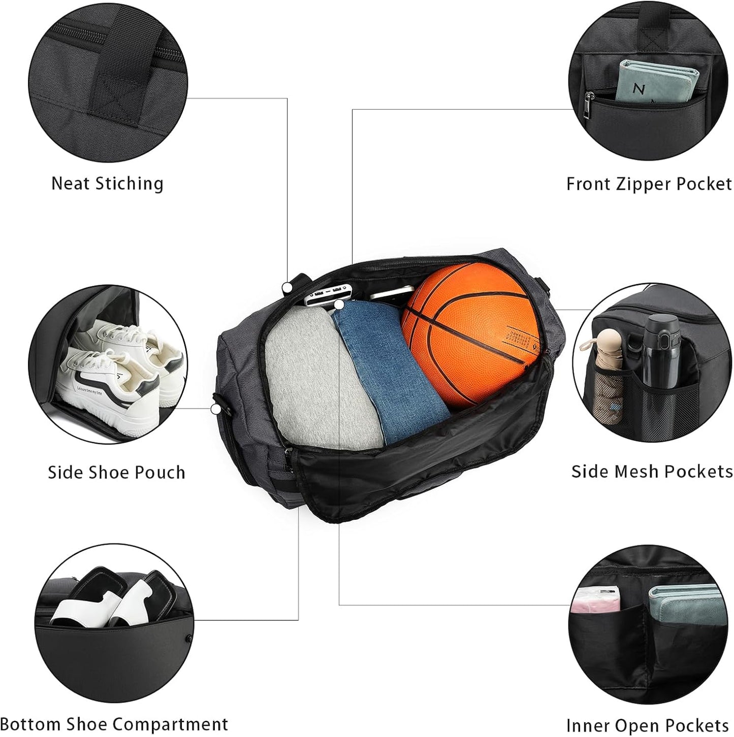 Seyfocnia Gym Weekender Bag - Travel Duffel with Wet Pocket & Shoe Compartment | Black
