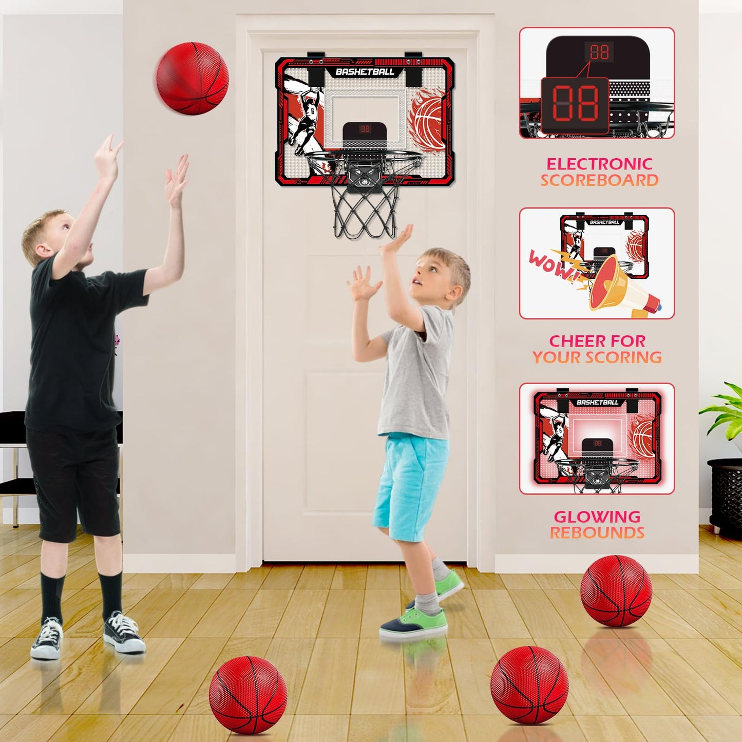 TALGIC Basketball Hoop Indoor, Over The Door Basketball Hoops with LED Lighting, Mini Hoop with Electronic Scoreboard, 4 Balls & Pump, Basketball Gifts for 5 6 7 8 9 10 11 12 Year Old Boys Girls