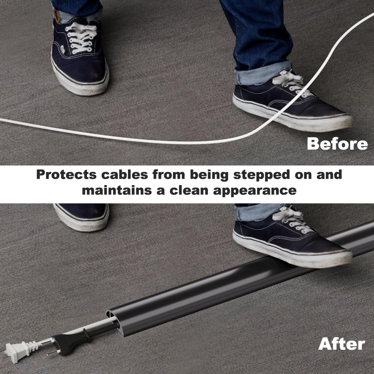 Kneelisa 4FT Side-Open Extension Cord Covers for Wires on Floor,Silicone Power Cable Protector Cord Hider Management Strip,Hide Electric Wire on Carpet,Chord Runner Protective Safety Wiremold,Black