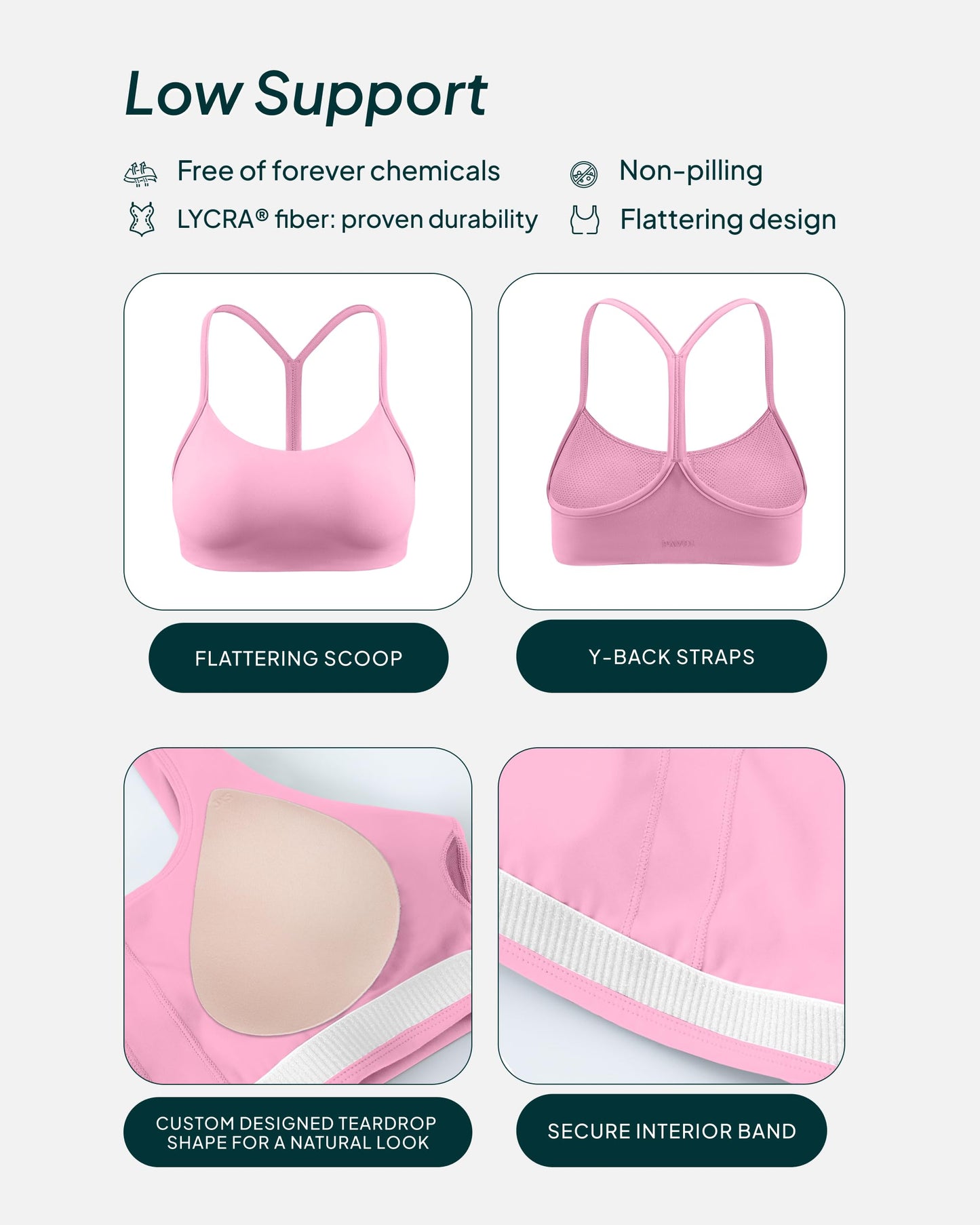 PAVOI ACTIVE Yoga Racerback Bras for Women - Buttery Soft Low Support Scoop Neck Y-Back Thin Strap Sports Bra - FlexFlow - Small, Bubblegum, A-C Cups