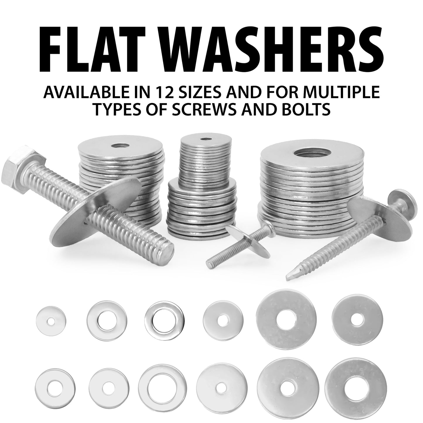 Fender Washers for Screws (100 Pcs) — 304 Stainless Steel Flat Washers Assortment Kit in Different Sizes (M3 M4 M5 M6 M8 M10 M12)—for Home & Industrial Usage