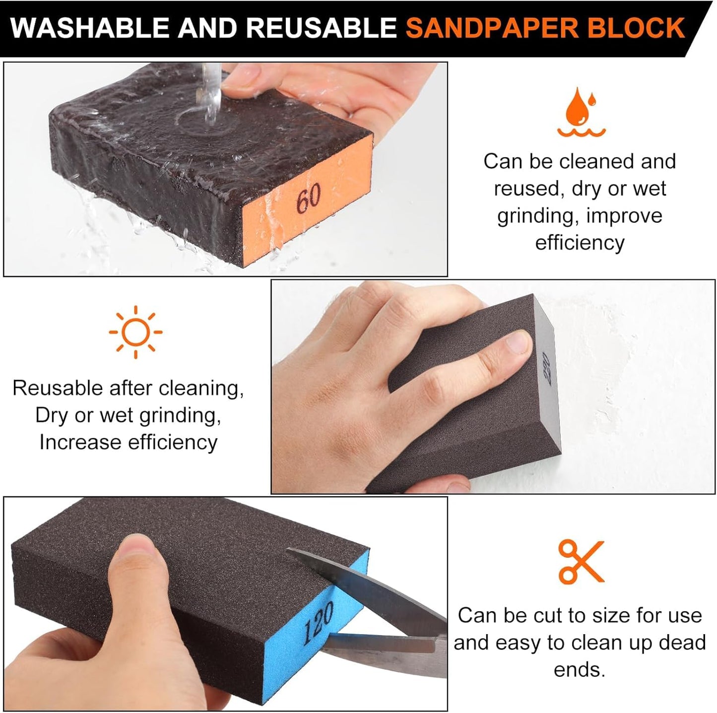 Romeda 12-Pack Sandpaper Block, Four Grits Per Pack 220/180/120/100/80/60, Washable and Reusable Handmade Sanding Sponge, Drywall Sandpaper Blocks for Wooden Drywall Sheetrock and Metal Glazing