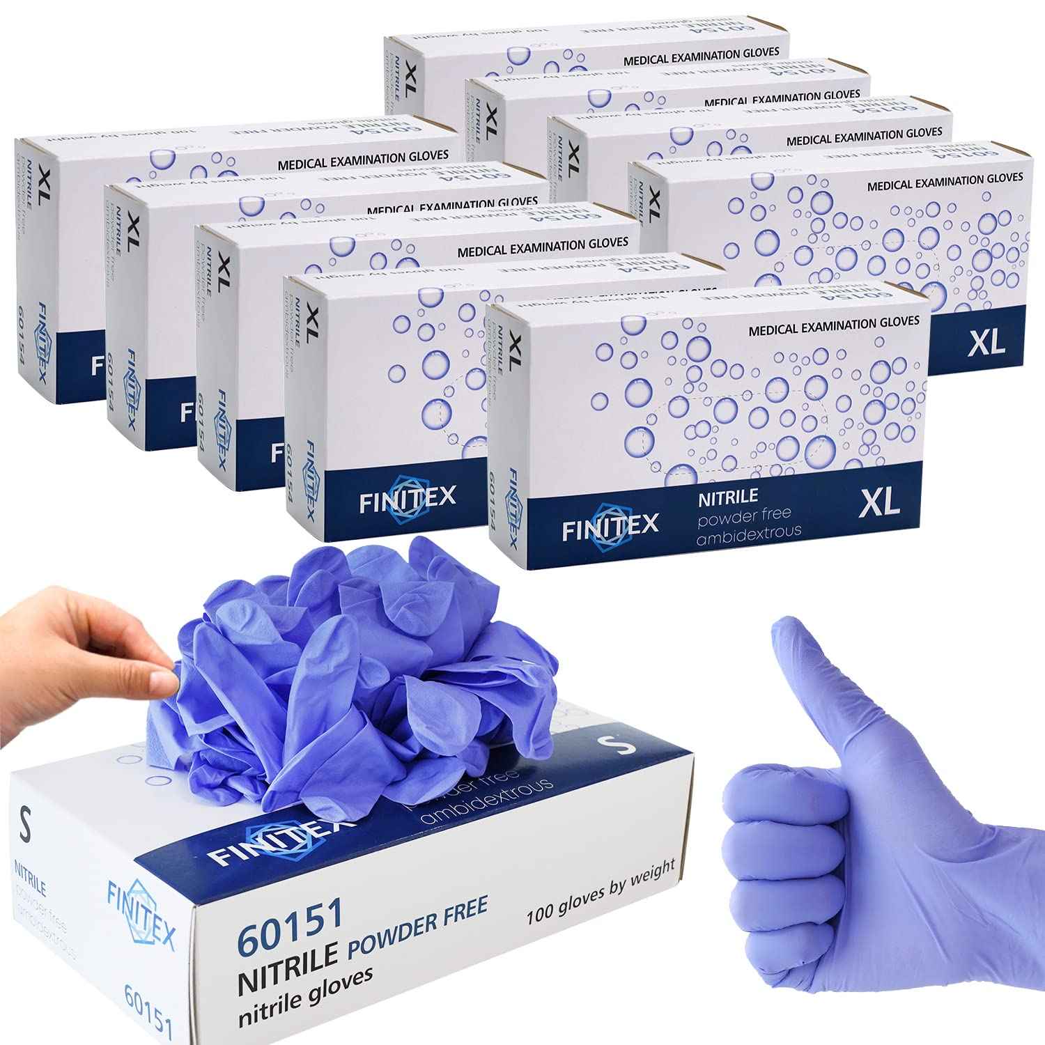 FINITEX Disposable Nitrile Exam Gloves 1000 PCS - 3.2mil Ice Blue Powder-free Latex-Free Examination Home Cleaning Food Gloves (M)