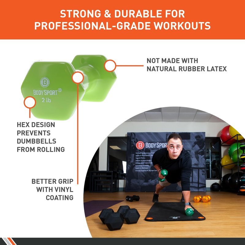 Body Sport Vinyl Coated Dumbbell Hand Weight, 2 Pound, Light Green – Exercise & Fitness Dumbbell for Home Gym Equipment Workouts – Strength Training for Men & Women