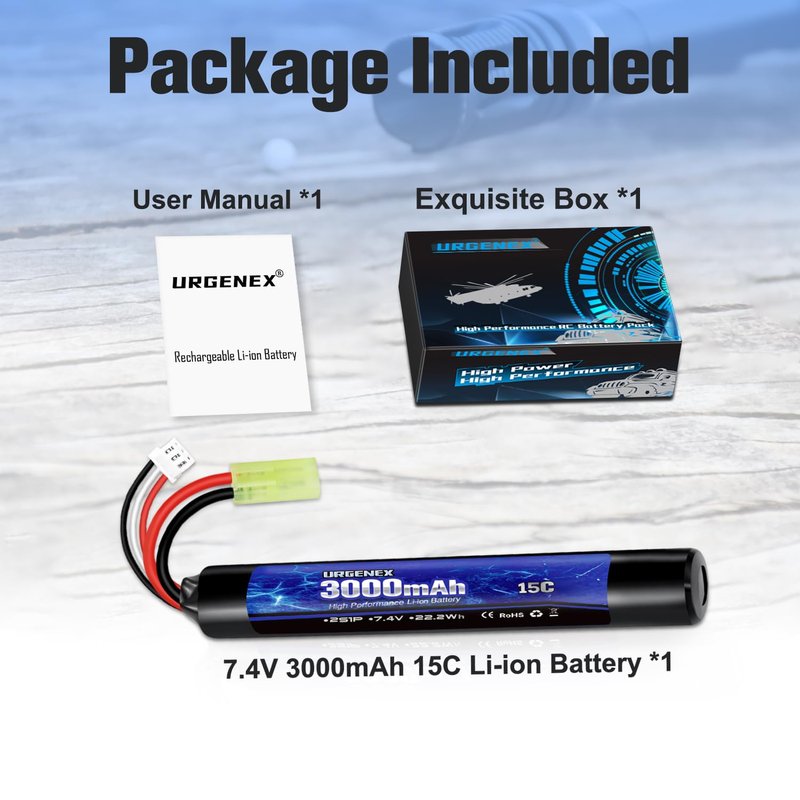 URGENEX 3000mAh Airsoft Battery 7.4V Stick Battery with Dean-Style T Plug 2S Rechargeable Stick Shape RC Lithium-ion Fit for Most Airsoft Model Guns Rifles