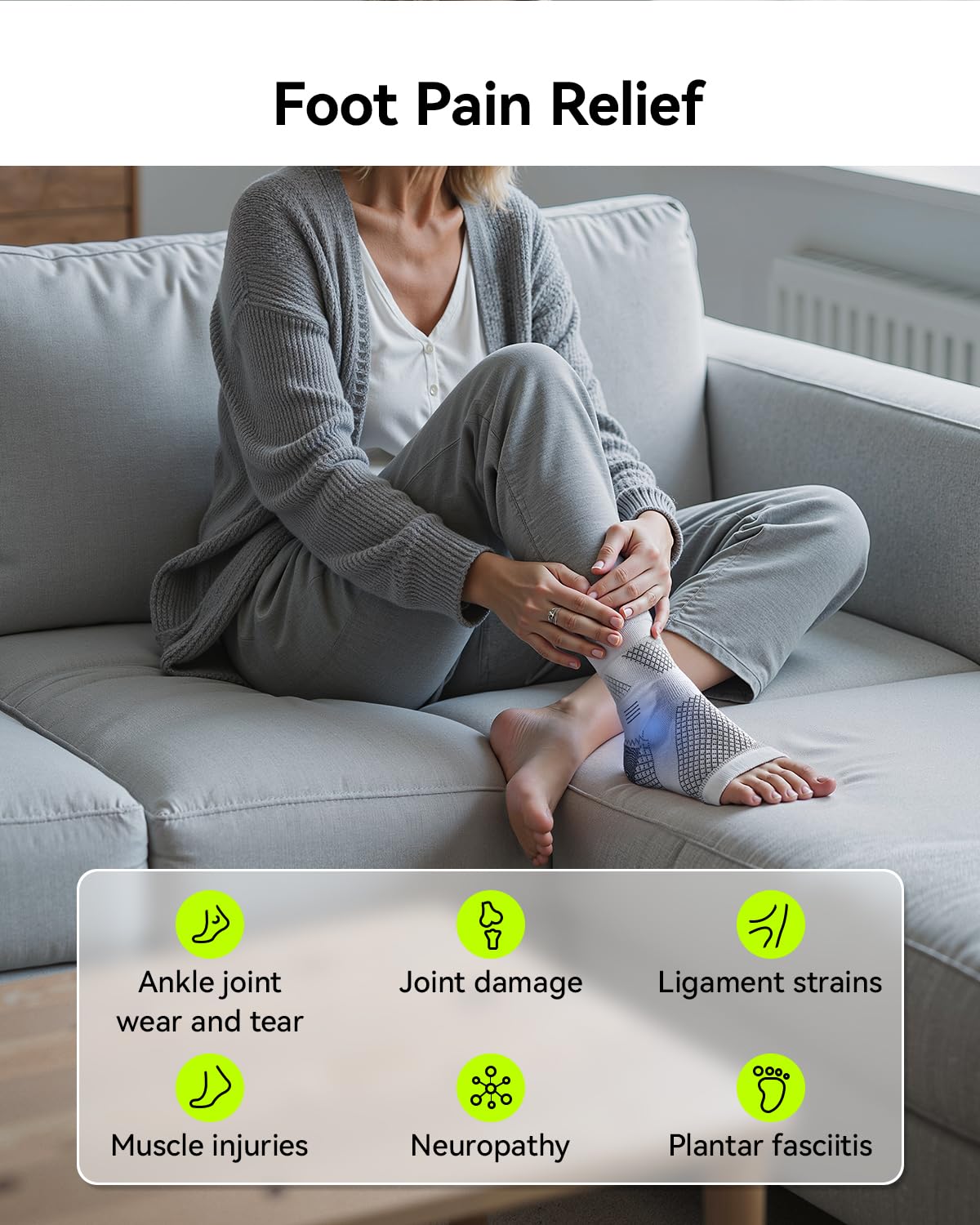 3 Pairs Neuropathy Socks for Women & Men, [Ultra Breathable] Plantar Fasciitis Socks for Achilles Tendonitis Relief, [20-30 mmHg Compression] Ankle Socks for Arch Support (Grey+Blue+Purple, Large)