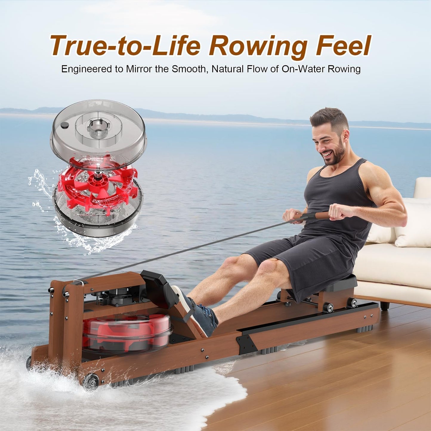 Skiennix Water Rowing Machine - 400LBS Capacity, Bluetooth Monitor & Comfortable Seat for Home Use