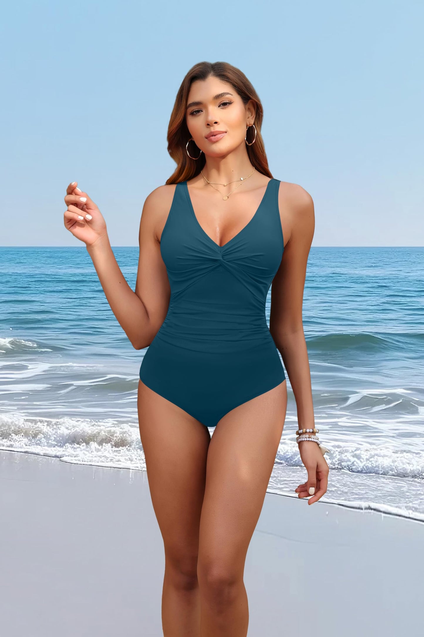Green Tummy Control One Piece Swimsuit Full Coverage Bathing Suit L