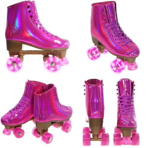 JajaHoho Roller Skates for Women, Magenta Holographic High Top PU Leather Rollerskates, Double-Row Four Hot Pink Fushcia Wheels Quad Skates for Girls Age 8-50 Indoor Outdoor (Plum, Size 7)