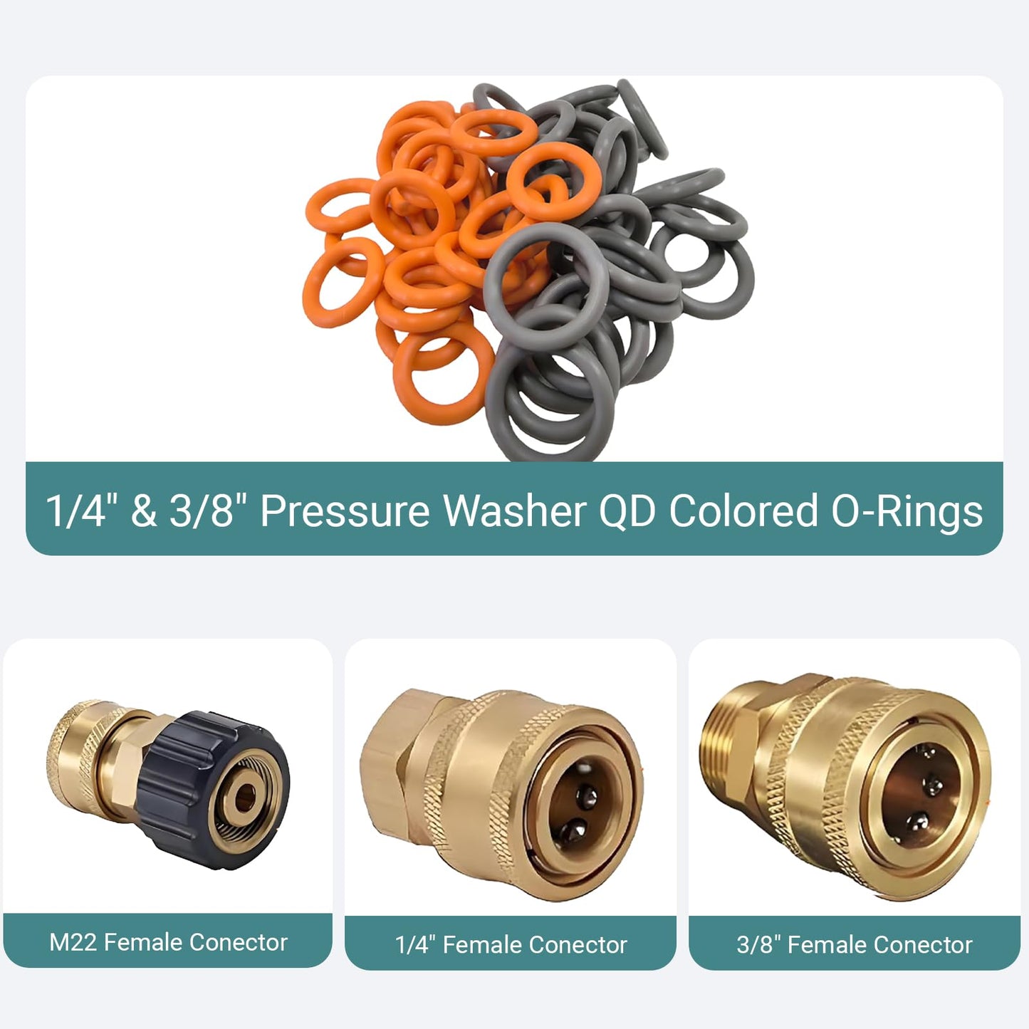 60-Pack Pressure Washer O-Rings Set - 30 Orange (1/4") & 30 Grey (3/8") Quick Connect Coupler Seals for M22 Fittings ,for Garden Hose, Nozzle, and Power Washer Accessories