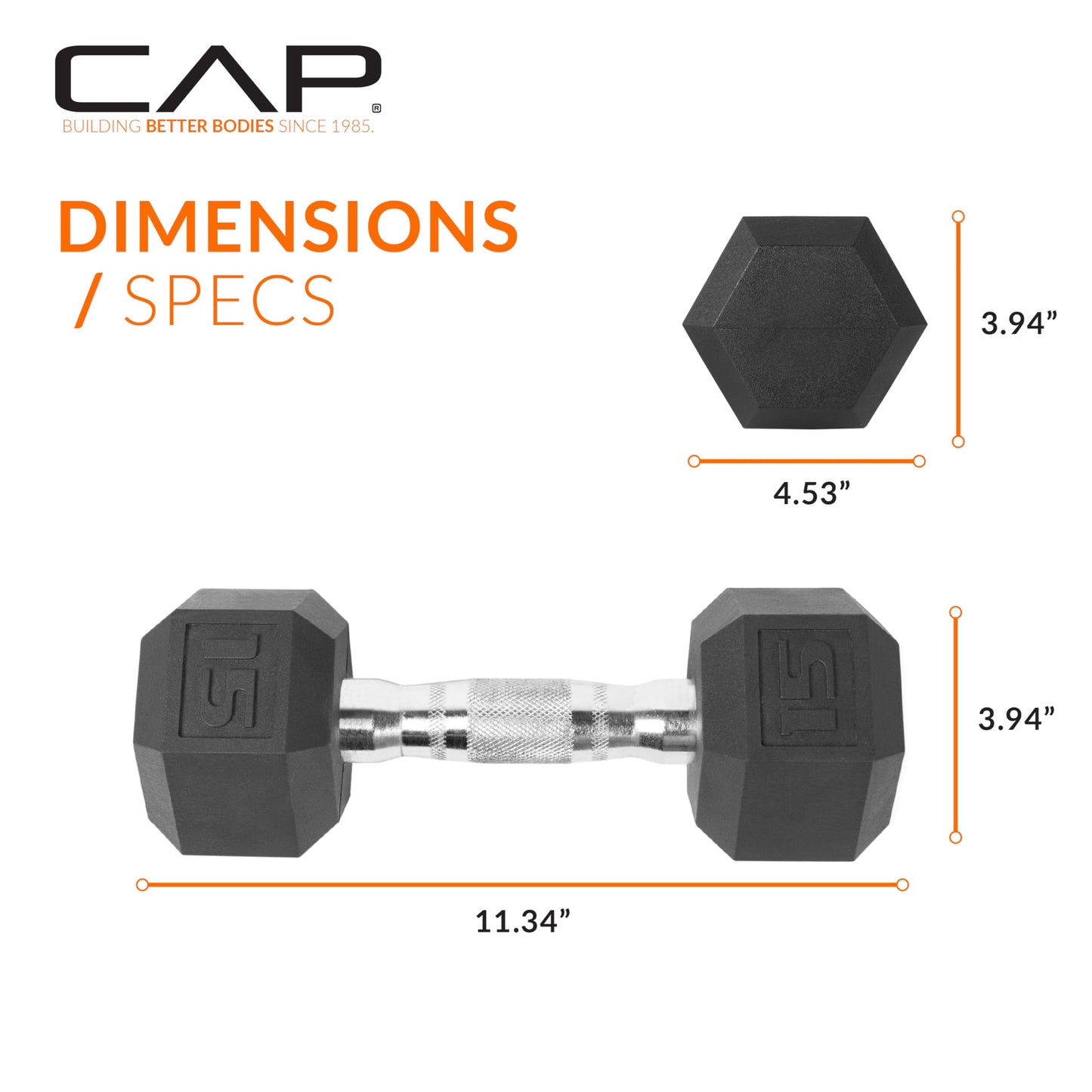CAP 15 LB Rubber Coated Hex Dumbbell Weight, Rubber Free Weights for Home Gym Strength Training, Chrome Handle, Pair