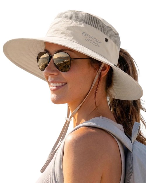 FURTALK Sun Hats for Women with Ponytail Hole Beach Hiking Summer Wide Brim Outdoor UV Protection Packable Bucket Safari Hat Beige