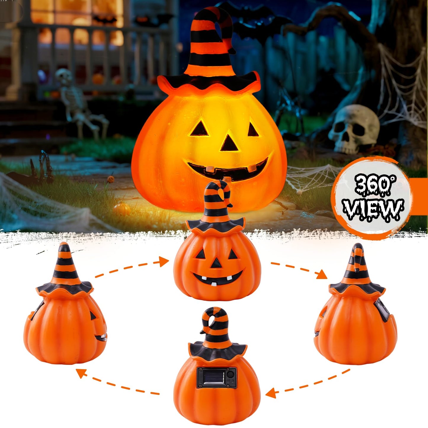Halloween Pumpkin Decorations Outdoor Solar Lights – Jack O Lantern Garden Statue with Witch Hat, Waterproof Resin Pumpkin Decor for Yard, Patio & Pathway, Fall Decorations