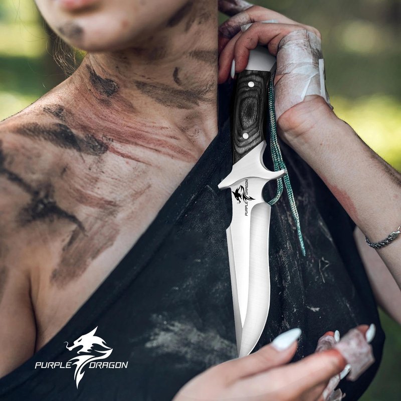 Purple Dragon Camping Fixed Blade Knife with Sheath,6 Inch Outdoor Knife Full Tang 440C Steel Bushcraft Knives with Redwood Handle-Outdoor Gear Christmas Gift for Men and Women Black