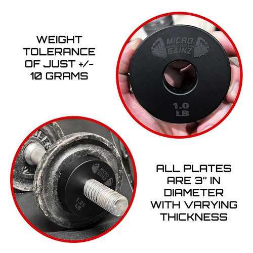 Micro Gainz Standard 1-Inch Center Hole Weight Plates, Set of 2 Black Fractional Plates Choose Set (.25LB-1.25LB), Designed for Standard 1-inch Barbells & Dumbbells, Made In USA (1 lb)