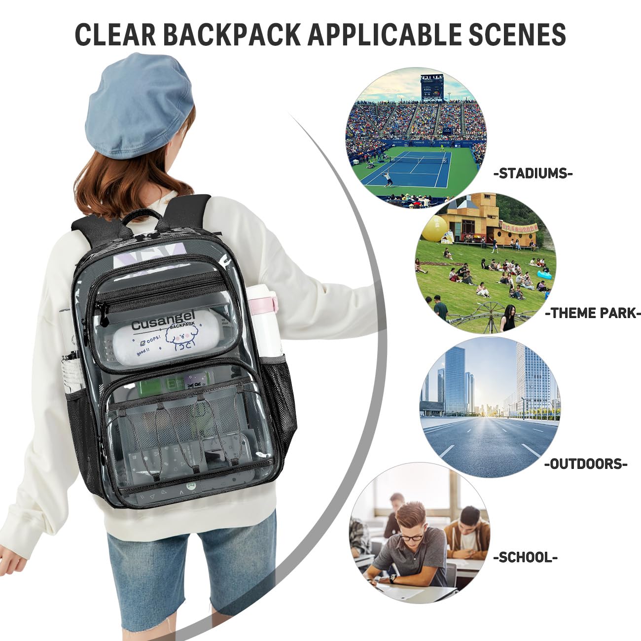 Cusangel Large Clear backpack for girls,16in TPU Plastic Bookbag,Stadium,school, and other security check locations (Black)