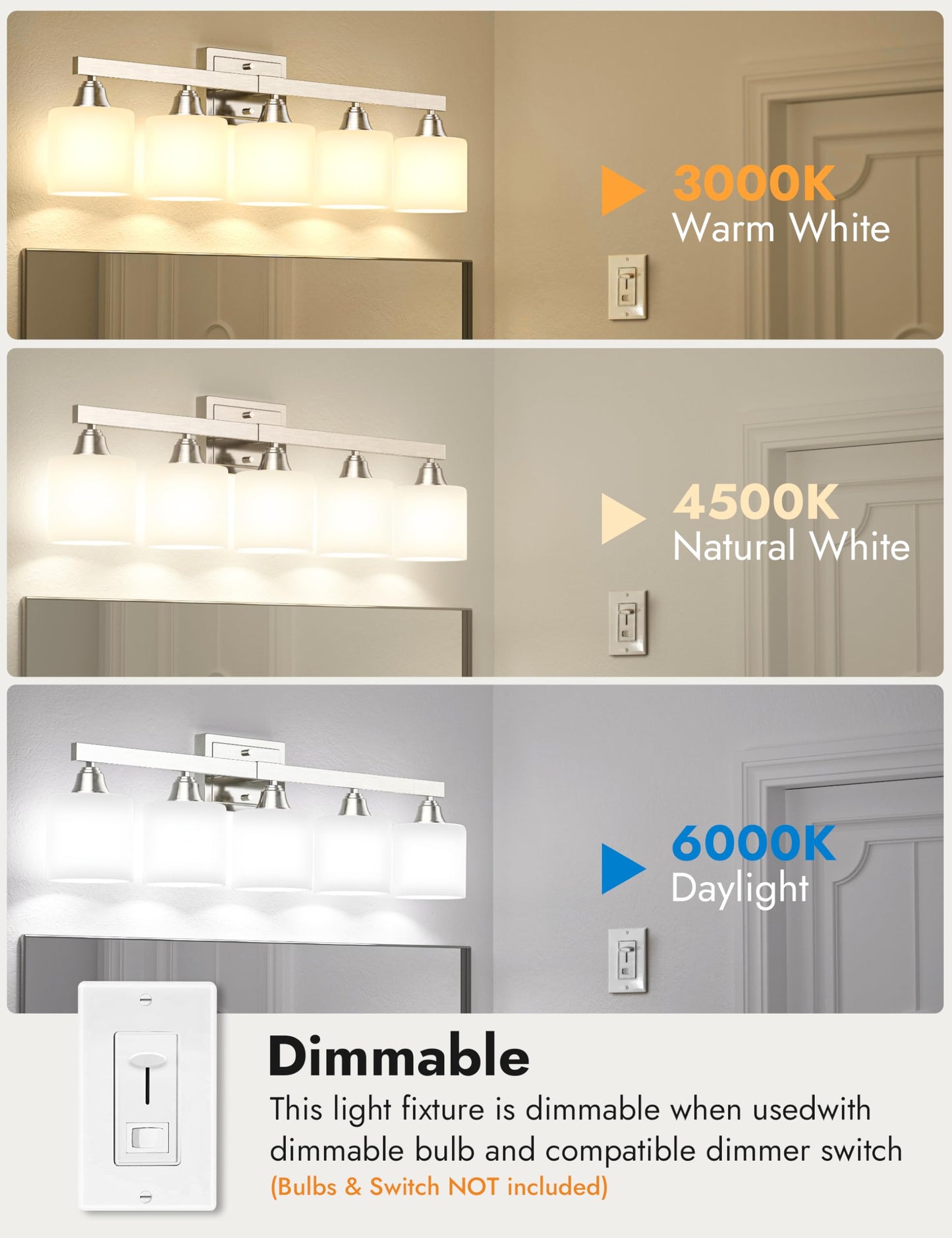 VOLISUN Brushed Nickel Bathroom Light Fixtures, 5-Light Bathroom Vanity Lights Over Mirror, Modern Vanity Light for Bathrooms, Bathrooms Lights Fixtures Over Mirror with Milky White Glass Shades