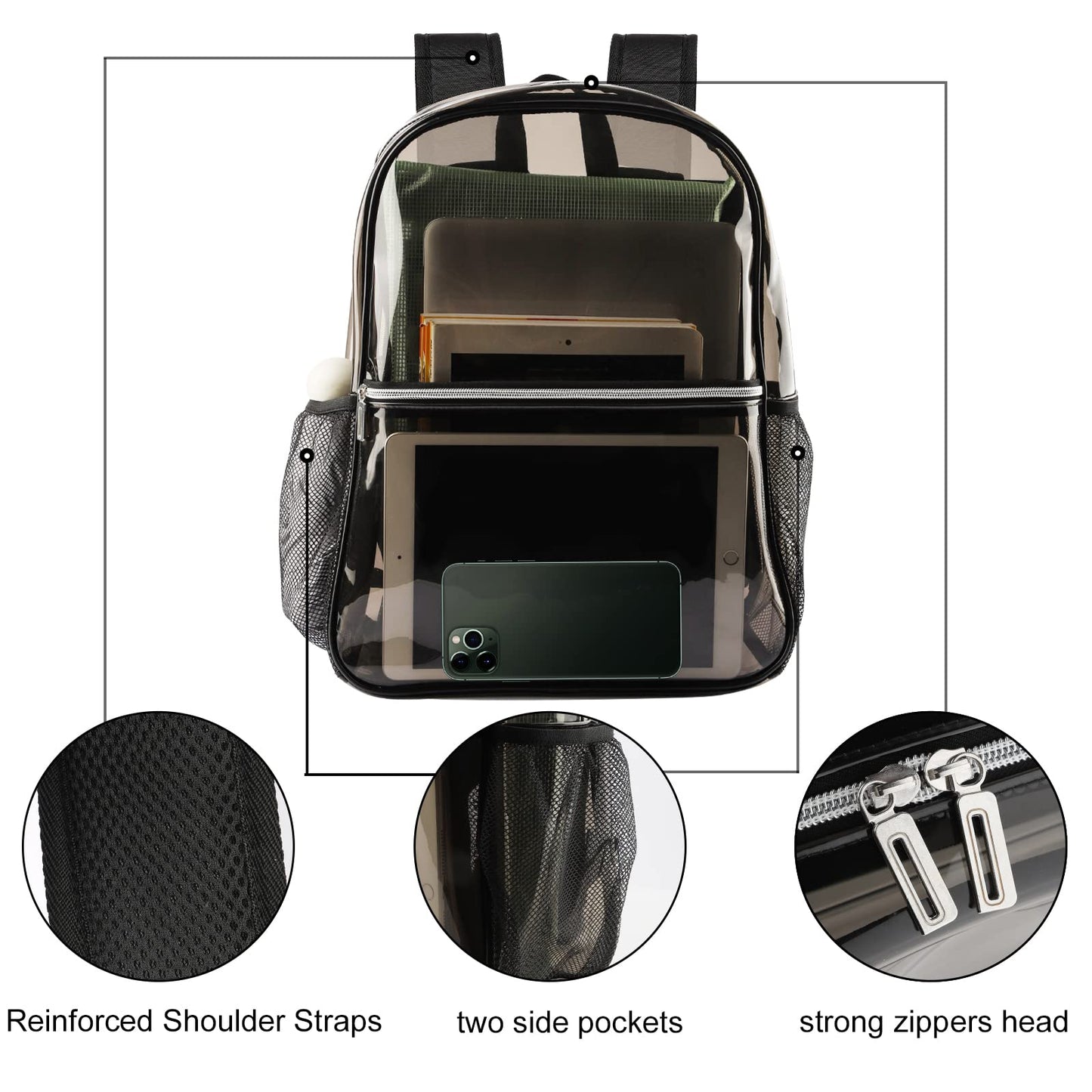 Neurora Clear Backpack Heavy Duty TPU, 17.2 Inch Transparent Bookbag for School College Work Travel, Large See Through Backpack with Laptop Compartment, Reinforced Padded Straps, Black