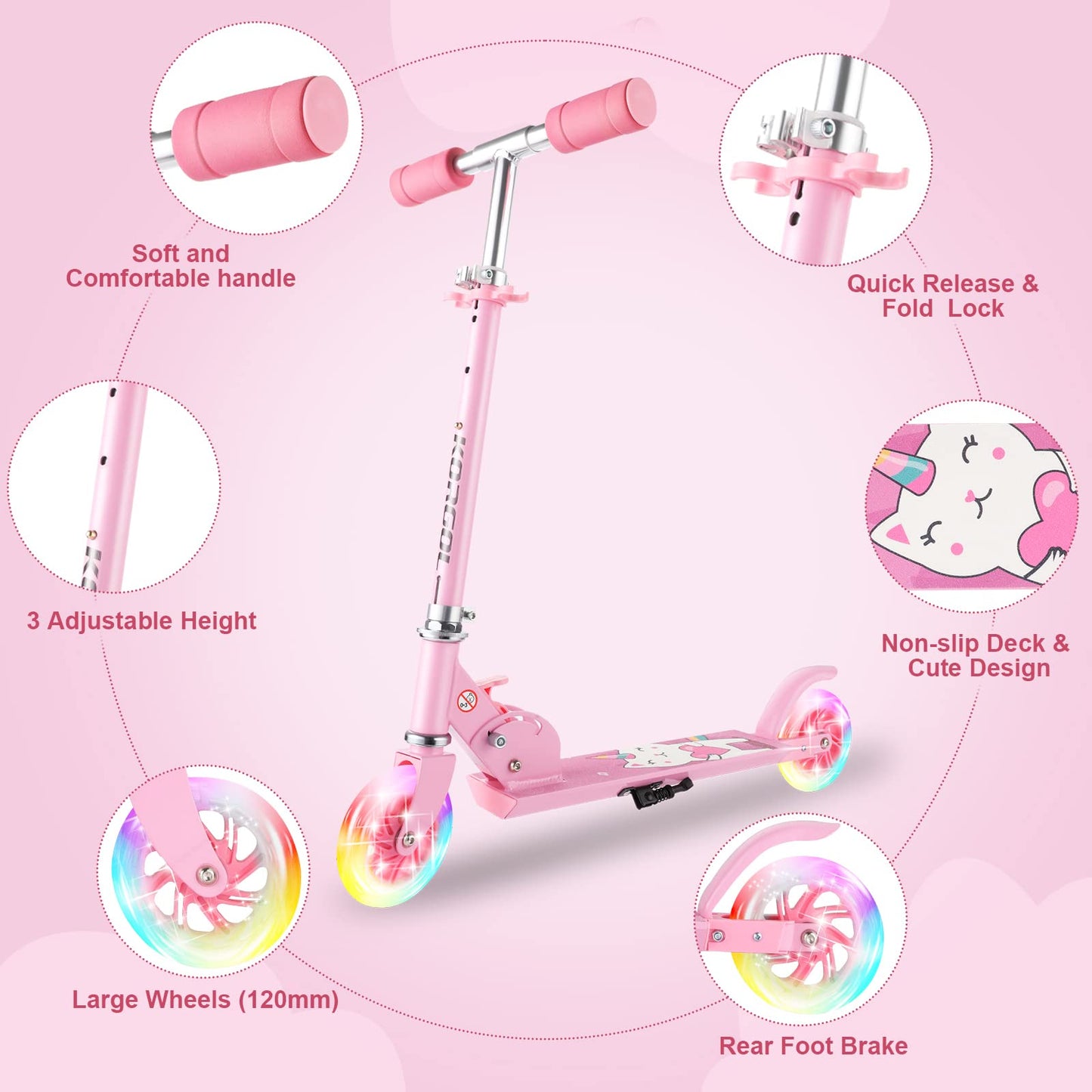 Scooter for Kids Ages 3-10 - Kids Kick Scooters with Led Light Up Wheels & 3 Levels Adjustable Handlebar, Lightweight Foldable 2 Wheel Girly Pink Scooter, Christmas Birthday Gifts for Girls Boys.