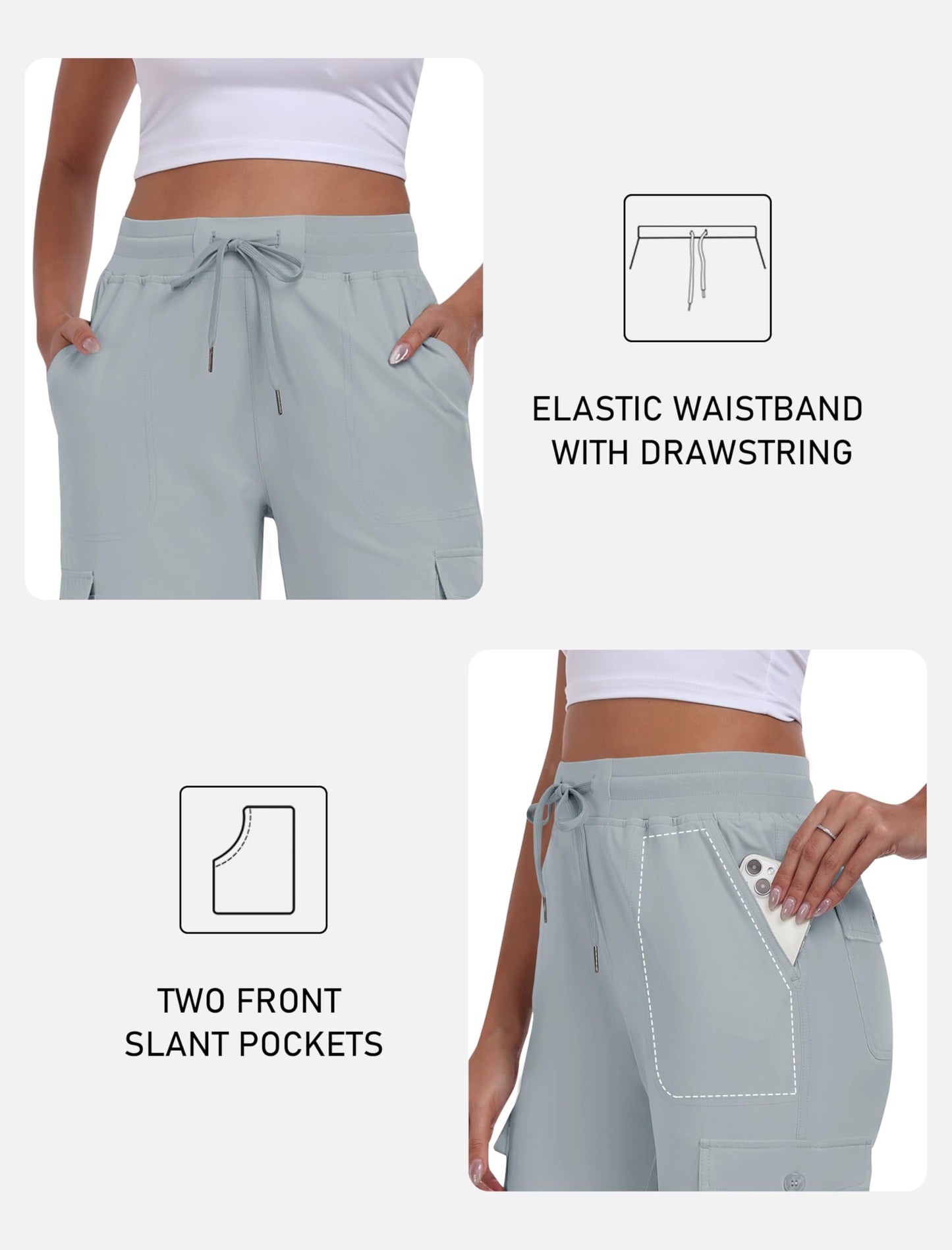 MoFiz Cargo Capris for Women Lightweight Hiking Pants Stretch Elastic Waist Capri with Pockets for Summer Travel Gray XL