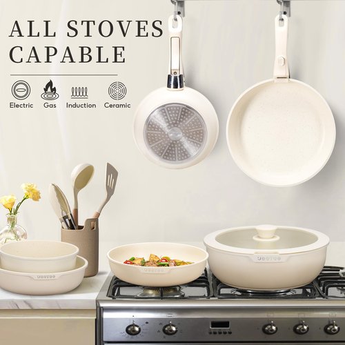 JEETEE 25pcs Pots and Pan Set Non Stick,Detachable Handle Cookware Set,Induction Cooking & RV Camping Stackable Pots Pans，Healthy Kitchen Cookware Set PFAS/PFOA Free Beige