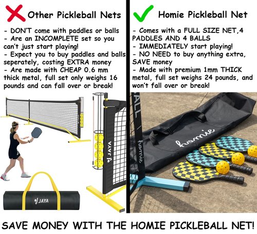 Homie Portable Pickleball Net Set with 4 Paddles, 4 Balls, Backpack Carrying Bag, 22 FT Regulation Size, Easy Setup for Outdoor Indoor, Weather Resistant Metal Frame