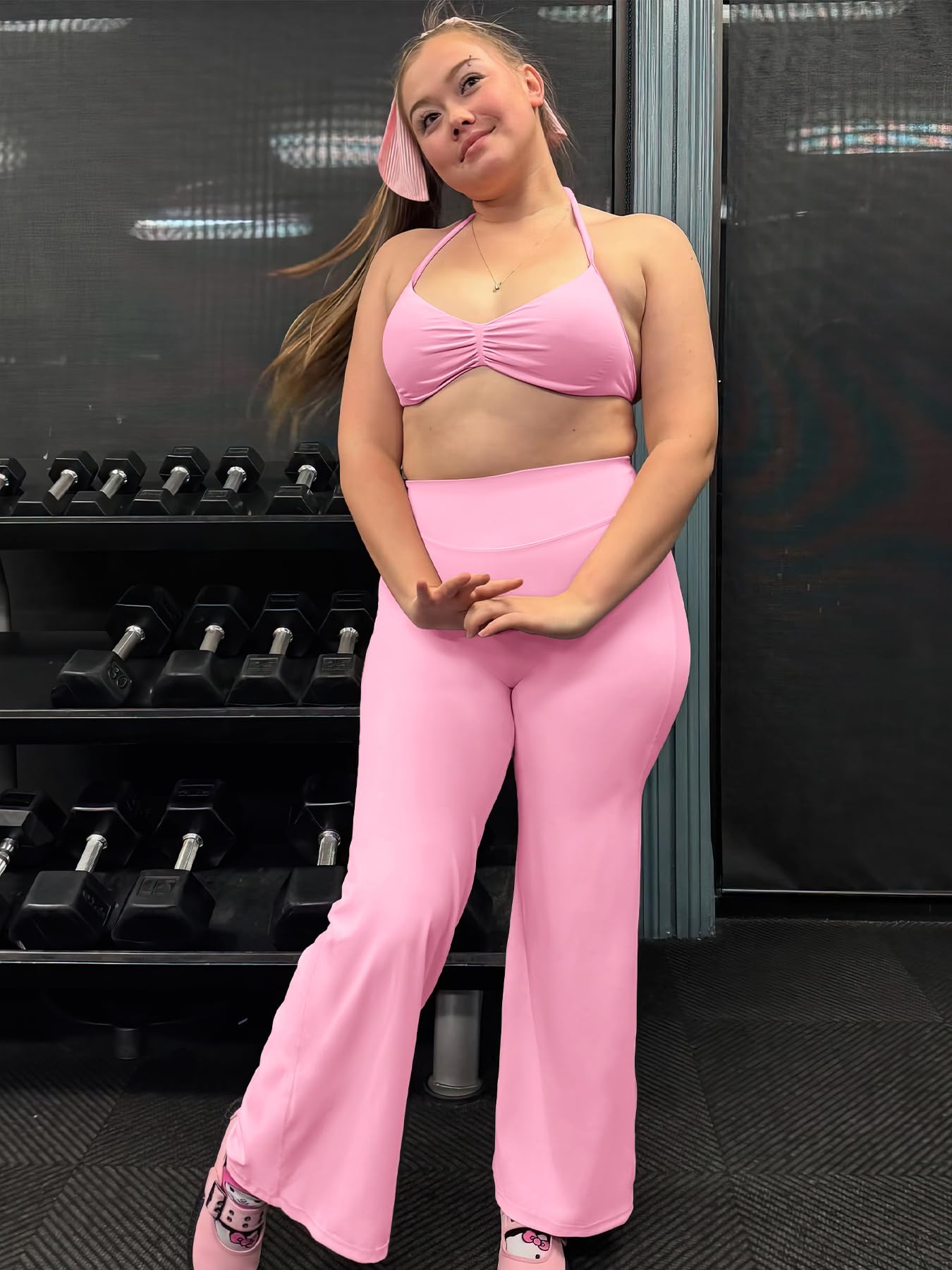 YEOREO Workout Womens Straight Leggings 29" Gym Yoga Pants Bubblegum Pink M