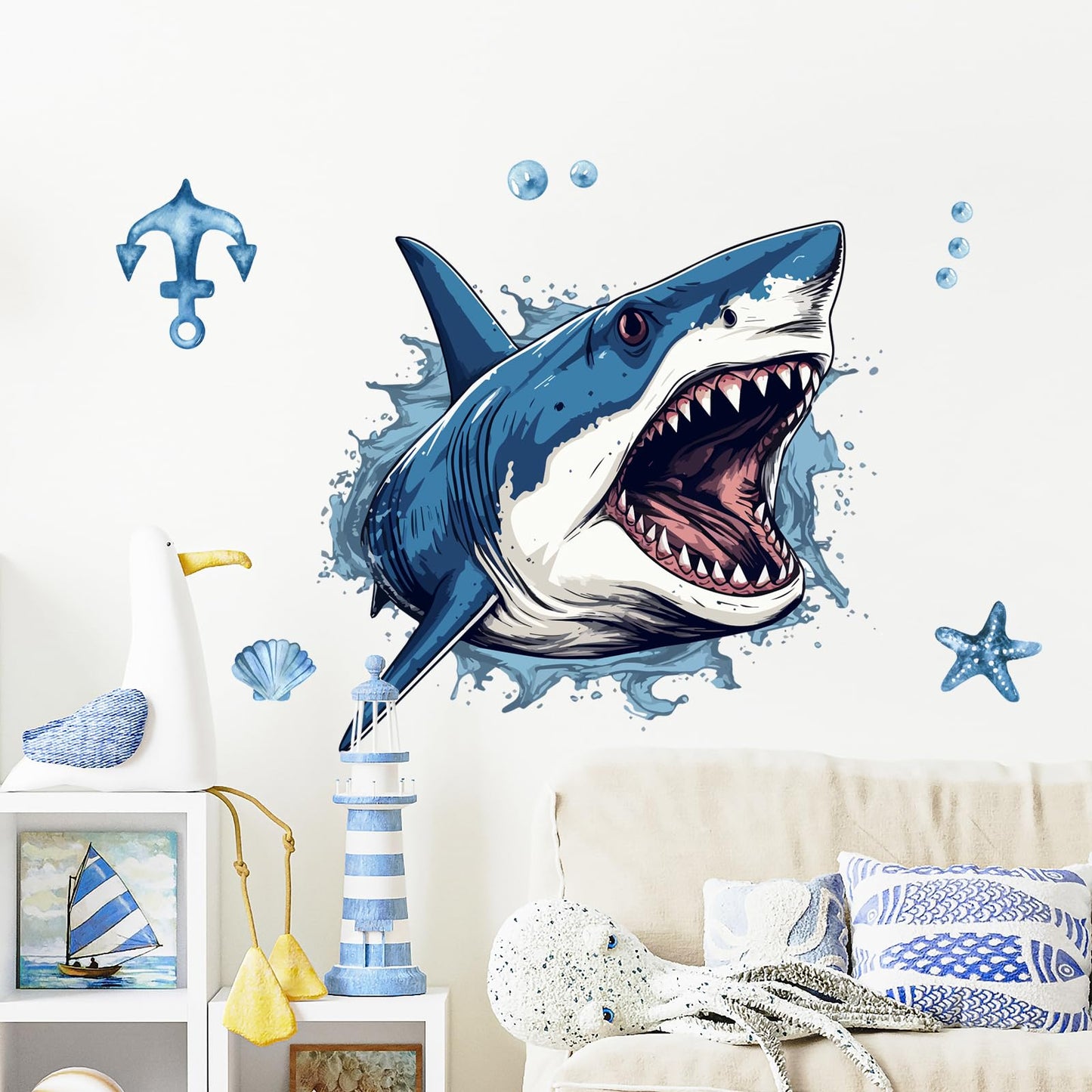 Supzone Large 3D Shark Opening Mouth Wall Decals, 23.6 * 30.7 inches Ocean Wall Sticker Self-Adhesive for Boys Bedroom Livingroom Nursery Playroom Classroom