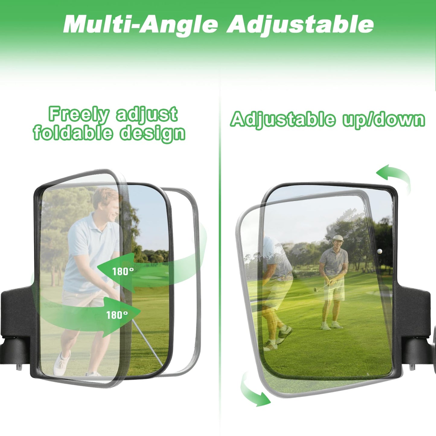No Drilling Golf Cart Side Mirrors with Built-In Reflector, Universal HD Folding Side View Mirrors Fit EZGO, Club Car, Yamaha Golf Carts, for 0.75"/1"/1.25" Square Strut, Shatterproof Anti-Fog Glass