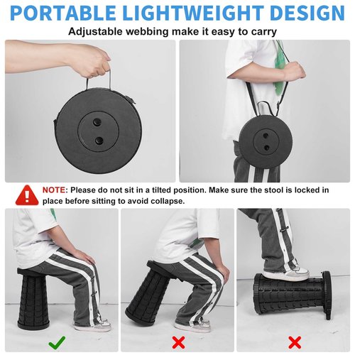 Tevaibo Collapsible Telescoping Portable Stool for Adults, Camping Stools, Upgraded Collapsible Folding Seats with Load Capacity 550lbs (Black)