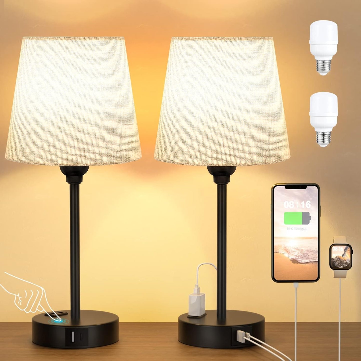 Set of 2 Mini Bedside Lamps with USB-C & AC Outlet - Dimmable Touch Nightstand Lights for Bedrooms