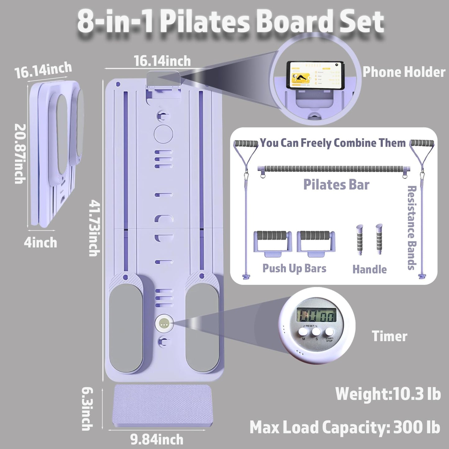 Exhilppy Pilates Board with Phone Holder and Timer, Portable Pilates Reformer, 8-in-1 Multi-Functional Foldable Pilates Reformer Board Set