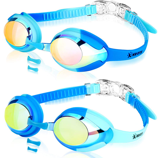 Keary 2 Pack Kids Swim Goggles for Toddler Children Girls Boys Youth, Anti-Fog Waterproof Anti-UV Clear Vision Mirror Flat Lens Water Pool Goggles with 3 Nose Piece
