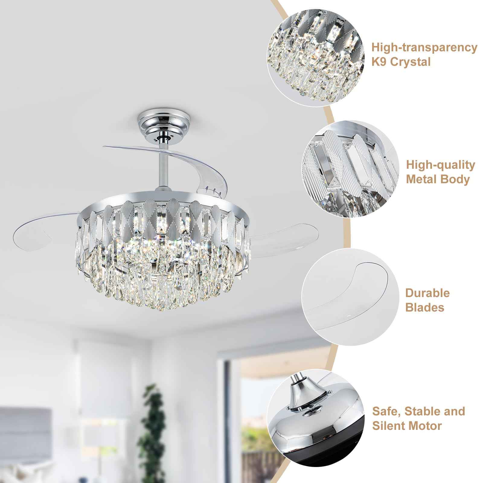 illus illumination 36in Fandelier Ceiling Fans with Light, Modern Crystal Chandelier Ceiling Fans, Remote & APP Control, Retractable Reversible 3 CCT LED Dimmable for Living Room Bedroom (Silver)