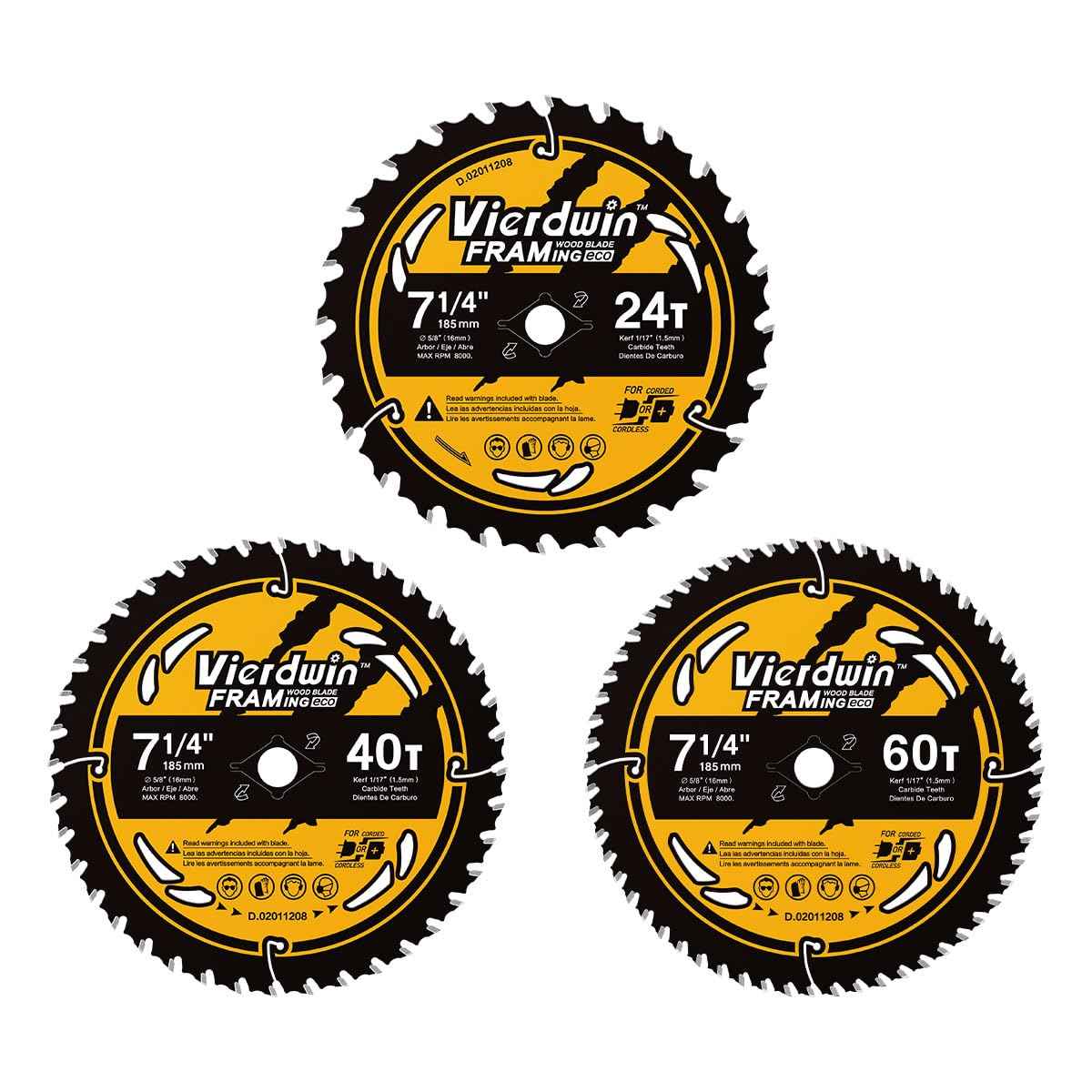 Vierdwin 7-1/4 Inch Circular Saw Blades Combo (24T/40T/60T) - 5/8" Arbor Carbide-Tipped for Wood, Plywood, MDF, Hardwood, Softwood - Fits Circular & Cordless Saws