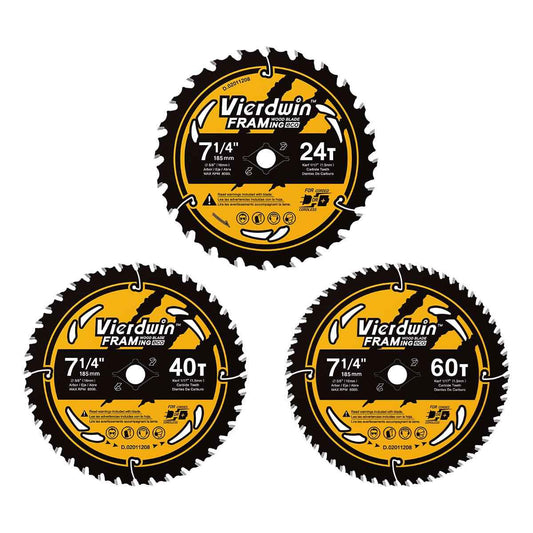 Vierdwin 7-1/4 Inch Circular Saw Blades Combo (24T/40T/60T) - 5/8" Arbor Carbide-Tipped for Wood, Plywood, MDF, Hardwood, Softwood - Fits Circular & Cordless Saws