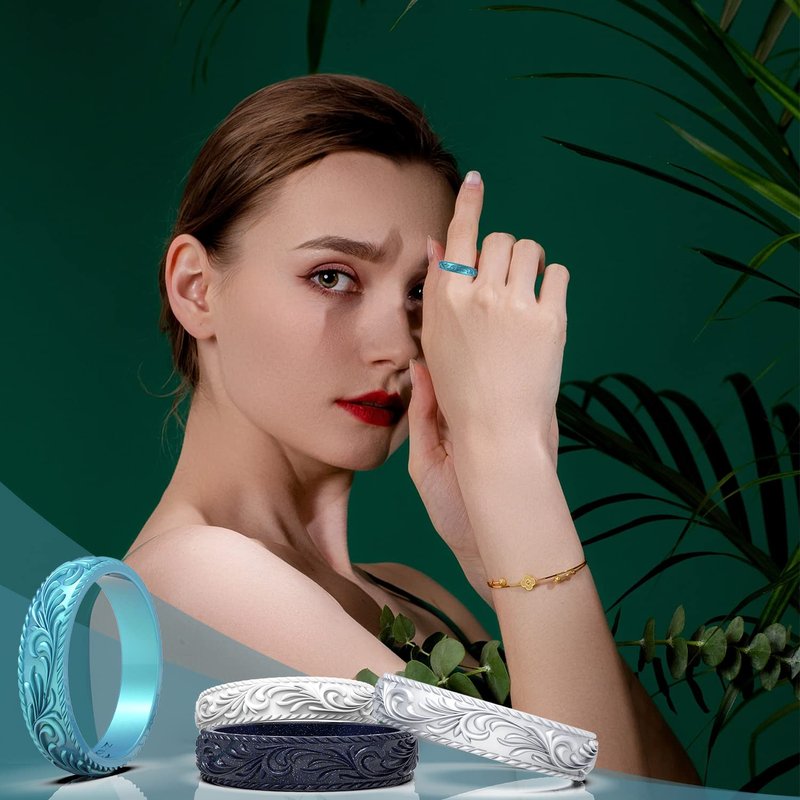 Zollen Silicone Wedding Rings for Women 4 Packs -Metallic Stackable Silicone Rubber Wedding Bands - Innovative Vine Collection, Size 8