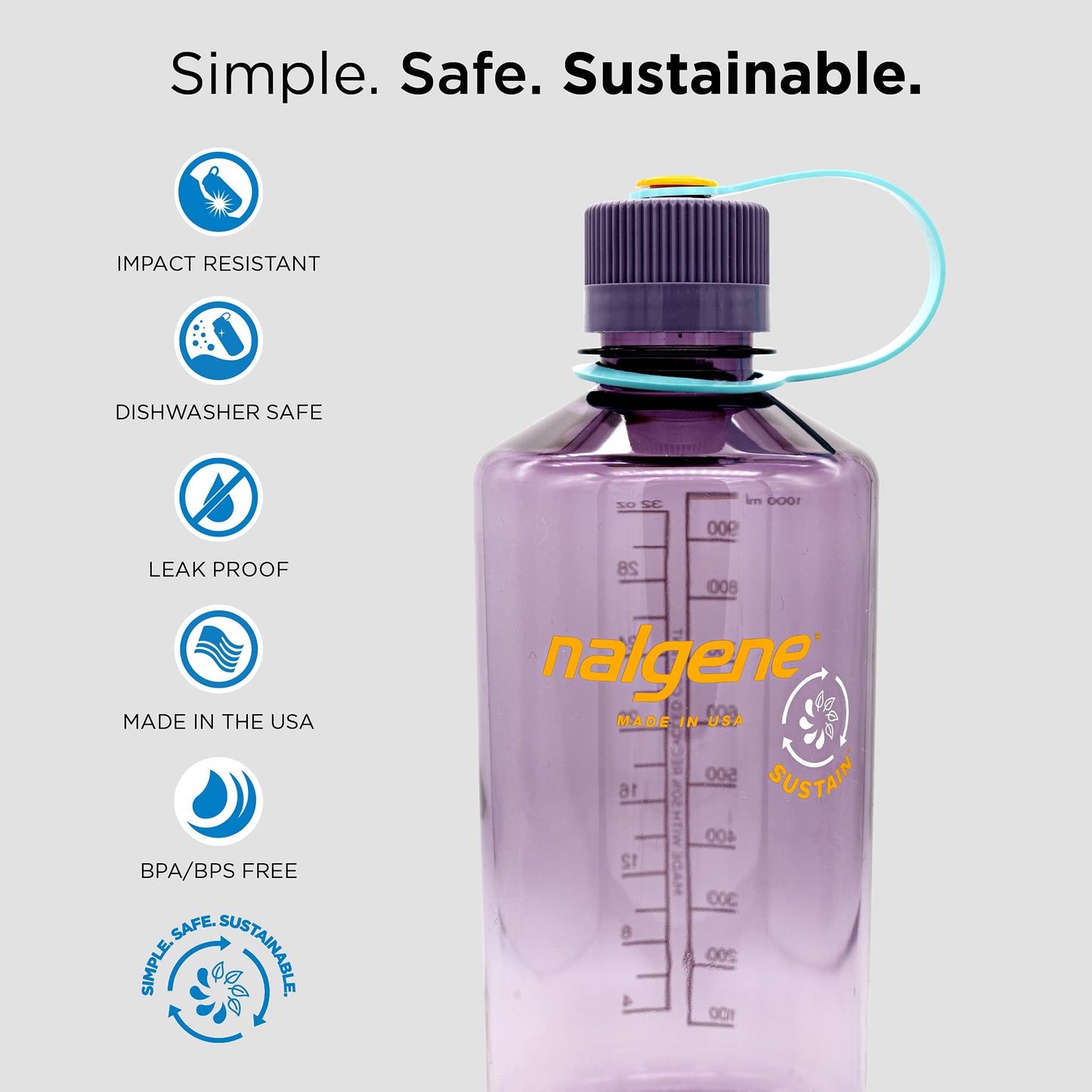 Nalgene 32 oz Narrow Mouth Water Bottle | BPA-Free, Durable & Leak Proof, Lightweight Bottle for Gym, Office & Travel, Aubergine (Pack of 6)