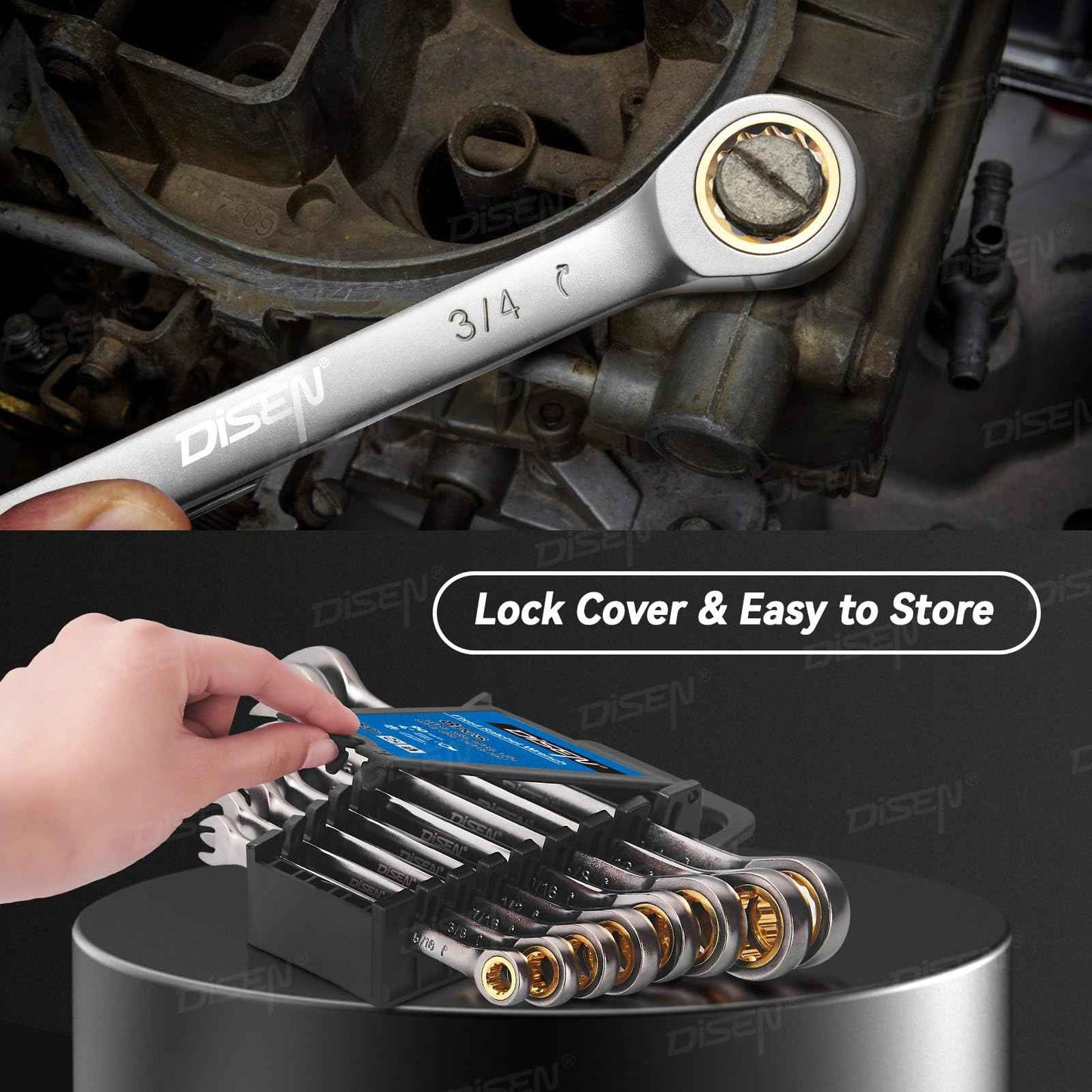 DISEN Ratcheting Wrench Set SAE Upgraded Open&Box End 90 Teeth 5/16", 3/8", 7/16", 1/2", 9/16", 5/8", 11/16", 3/4" Combination Ratchet Wrenches with Organizer, Black Nickel Coated,CR-V Steel (8PCS)