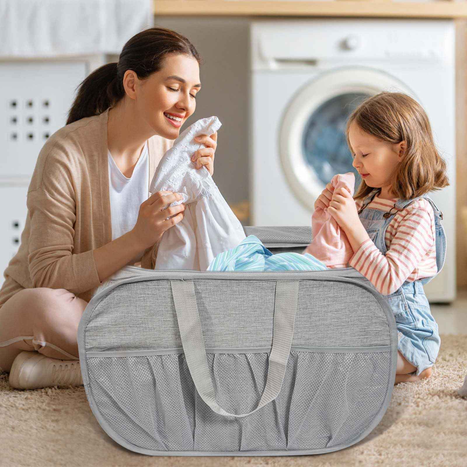 Collapsible Laundry Baskets, Tear Proof Pop Up Laundry Hamper with Lid, Dual Handles Durable Foldable Laundry Basket, Easy to Carry Laundry Hamper for Home, Laundry Room, Bedroom, Dorm, Travel Grey