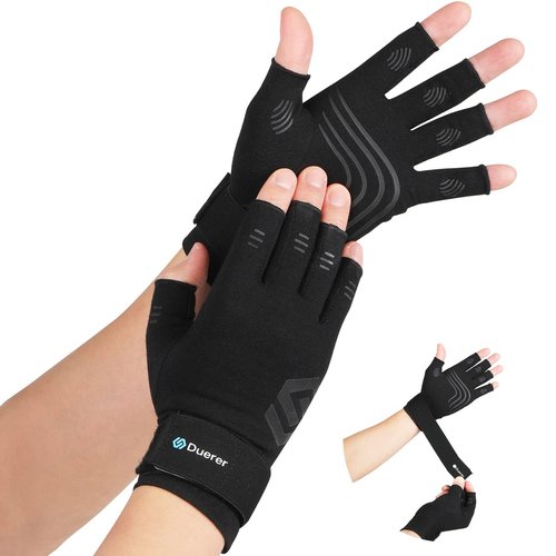 Duerer Arthritis Compression Gloves with Straps, Women Men for RSI, Carpal Tunnel, Rheumatoid, Tendonitis, Hand Pain, Hand Support. Fingerless Gloves for Computer Typing and Daily work (Black, M)